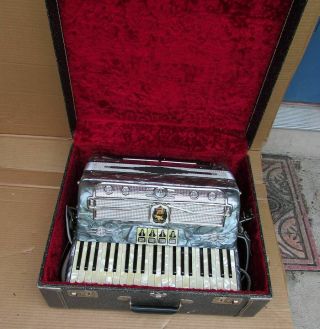 Vintage Castiglione Accordion 4 Tone Silver Blue Peale Flake W Case