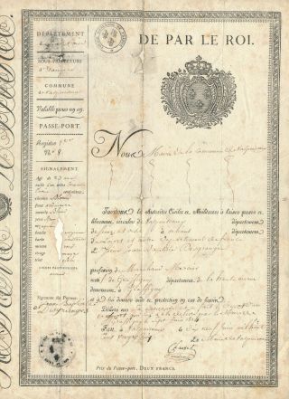France 1824,  Scarce Internal Passport With Revenue.  B859