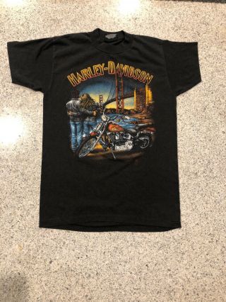 Vintage 1989 Harley Davidson (m) 3d Emblem Shirt Golden Gate Alabama On The Back