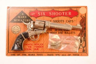 Nos Vintage Marx Six Shooter Mini Cap Toy Gun On Card 3 3/8 "