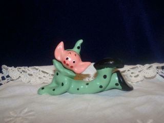 Vintage Porcelain/ Ceramic Elf/pixie With Black Polka Dots - Green