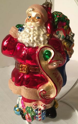 Christopher Radko Large Santa Ornament With Bag Retired 7.  25 " H Presents,  List