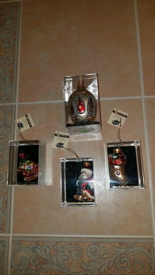 4 Sterling Hand Crafted Glass Ornaments Old World Santa Sleigh Stocking Egg