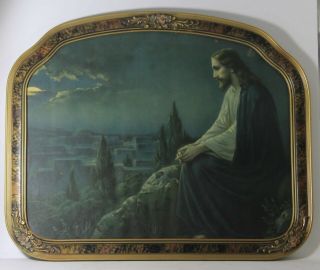 Art Deco Litho Print Jesus On Mount Olive Giovanni Barbola Wood Frame 22 X 18 "