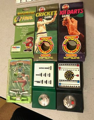 3x Pocketeers Popomatic pocket games cup final 101 darts cricket Palitoy boxed 2