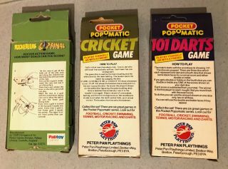 3x Pocketeers Popomatic pocket games cup final 101 darts cricket Palitoy boxed 3