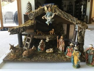 Vintage Italian Large Nativity Set Creche 11 Figures Made In Italy Music Box