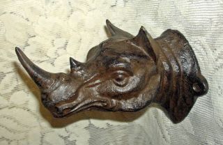 Large African Rhinoceros Head Wall Mount Hook Cast Iron 5 1/2 " Long Rhino