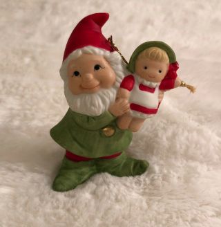 Vintage Homco Elf Gnome With Baby Doll Ornament