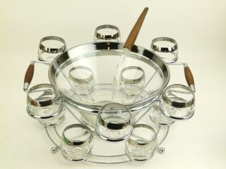 Vintage/mid Century Thorpe Silver Rim Punch Bowl Roly Poly Glasses Holder Set