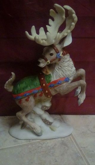 Vint.  1993 Enesco Elusive Legend Porcelain Rearing Reindeer Figurine In Snow Nr
