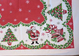 Vintage Christmas Holiday Tablecloth Santa Bells Trees Candy Canes Holly 50 " X62 "