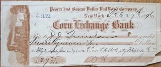 Peoria & Bureau Valley Rail Road Co.  1896 Bank Check - York,  Ny Railroad - Il