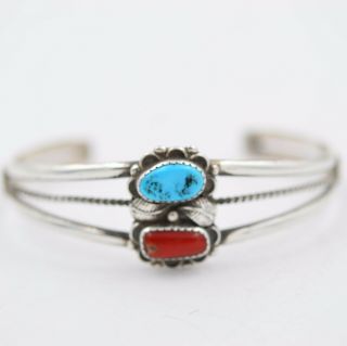 Vintage Navajo Old Pawn Sterling Silver Turquoise Coral Cuff Bracelet