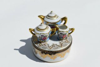 Vintage F.  M.  Limoges Miniature Porcelain Trinket Box With Tea Set And Tea Cups