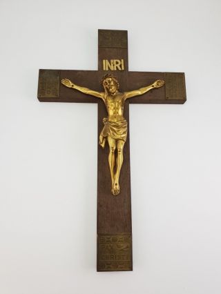 Vintage French Wood Brass Crucifix Jesus Christ Wall Cross 19.  68 Inch