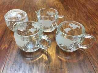 (2) Nestle World Globe Etched Glass Coffee Mugs Cups Sugar Bowl W/lid & Creamer