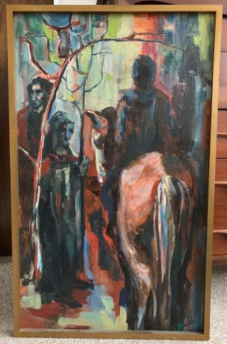 Vintage Abstract Oil Painting Mid Century Modern Religious Wall Hanging Signed
