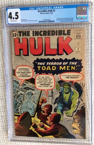 Incredible Hulk 2 Cgc 4.  5 1 St Green Hulk,  Battle Cover Stan Lee.  Kirby 181