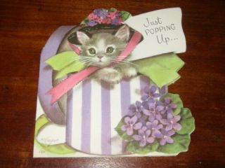 Vtg 1950s Marjorie Cooper Signed Rust Craft Die Cut Birthday Card,  Kitten Hatbox