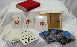 Vintage Redislip Double Deck Playing Cards Nature Case Red Felt Gold