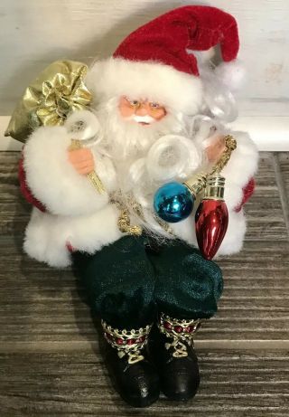 Santa Doll Sitting Green Velvet Clothing Plastic Shelf Sitter Christmas Decor 5 "