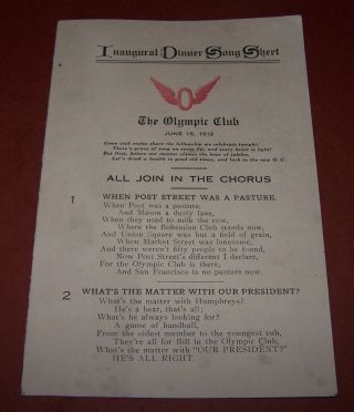 June 15 1912 OLYMPIC Club San Francisco Inaugural Dinner Menu & Song Sheet 2