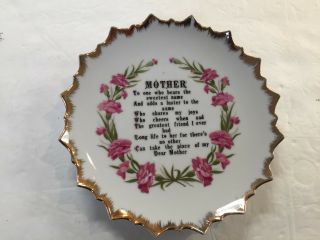 Collectible Plate Featuring Mother Poem 18k Gold Trim Carnations