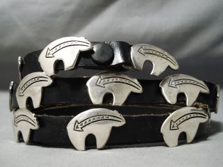 Detailed Vintage Navajo Hand Wrought Sterling Silver Bear Concho Belt Old
