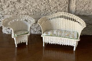 Vintage Miniature Dollhouse White Wicker Chair And Settee With Pads