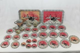 Vintage Childs Toy Tin Litho Metal Tea Set Swan Trays Pitcher Cups Saucers 32 Pc
