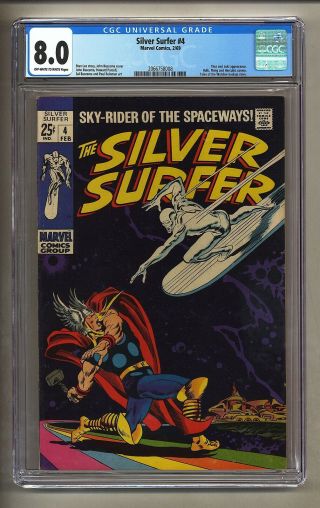 Silver Surfer 4 (cgc 8.  0) Ow/w Pages; Thor; Loki; Marvel Comics; 1969 (c 26436)