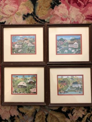 Set Of 4 Vintage Prints Linda Nelson Stocks Matted & Framed Folk Art Americana