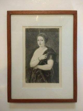 19th C.  Framed Etching Print Unsigned - Finely Dressed Woman Erotic