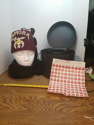 Vintage Shriners Hat Jeweled Cap W/ Tassel In Case Zamora Temple Stamps Masonic