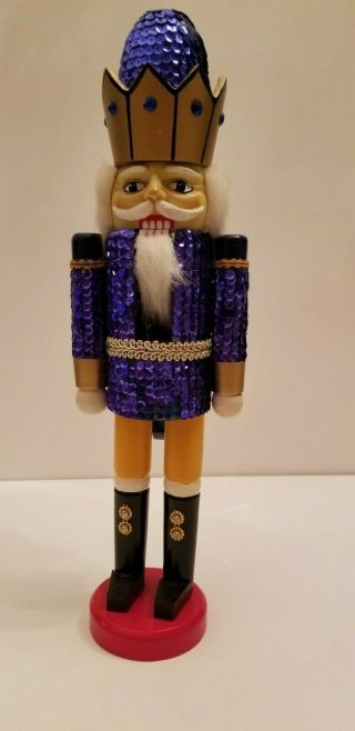 15” Vintage Wooden Christmas Blue Sequin King Nutcracker Hand Painted