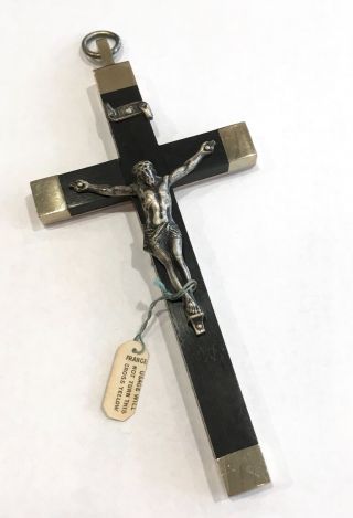Vintage Ebony Silver Metal France Pectoral Crucifix Cross Religious Nun Cross 5 "