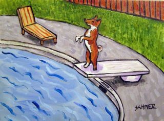 Basenji Dog Art Print 8x10 Poster Modern Folk Jschmetz Diving At The Pool
