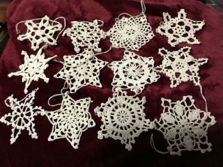 12 Starched Thread Crochet Snowflake Ornaments - White Cotton