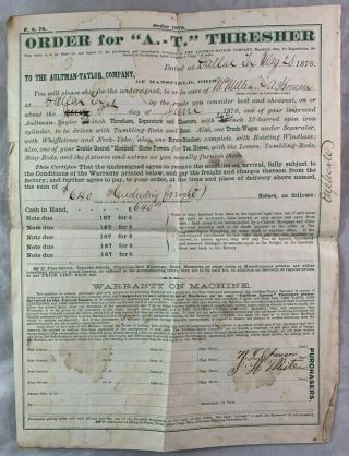 1876 Dallas Order Form Document Aultman Taylor Tractor Co A.  T.  Thresher Texas