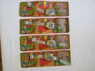 4 Toy Circus Watches On Cards - Old Stock 1940 