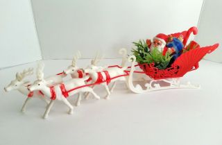 Vintage Santa Sleigh 4 Reindeer Christmas Gifts Plastic Hong Kong Hand Painted