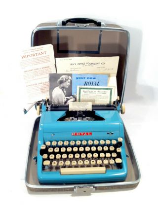 Vintage 1956 Royal Quiet De Luxe Turquoise Portable Typewriter W/ Receipt