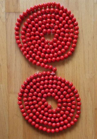 18ft Wood Bead Red Cranberry Style Xmas Tree Garland 2 Strings 9 Ft Each 3/4 "