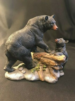 Mama Black Bear W/ Cub Wood Carved Appearance Resin Figurine