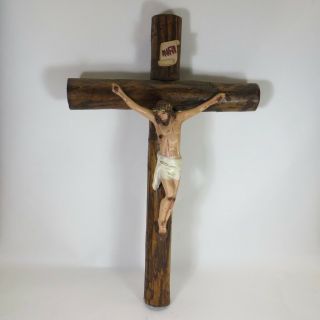 Large Vintage Religious Jesus Christ Inri Crucifix 21 " Tall Wood Log Cross