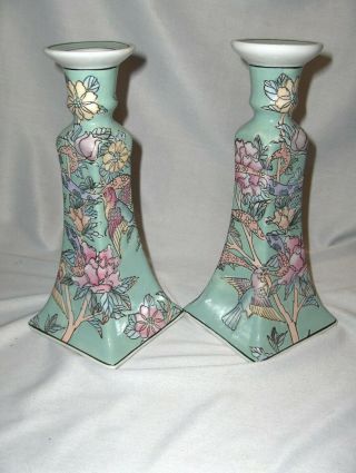 Vintage Chinese Green Candle Sticks Holders Embossed Porcelain Flowers Birds
