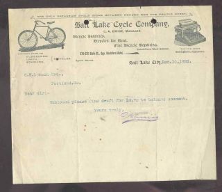 1893 Letterhead Salt Lake Cycle Co Agents For Bicycles/ Smith - Premier Typewriter