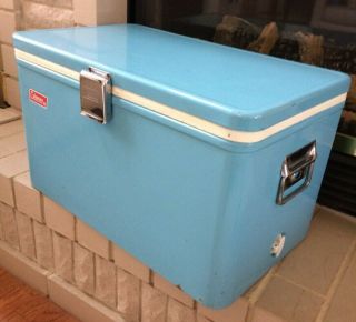 Vintage Coleman Camping Cooler Aqua Blue Metal Handles
