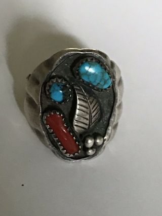 Vintage American Indian Silver Turquoise Coral Ring